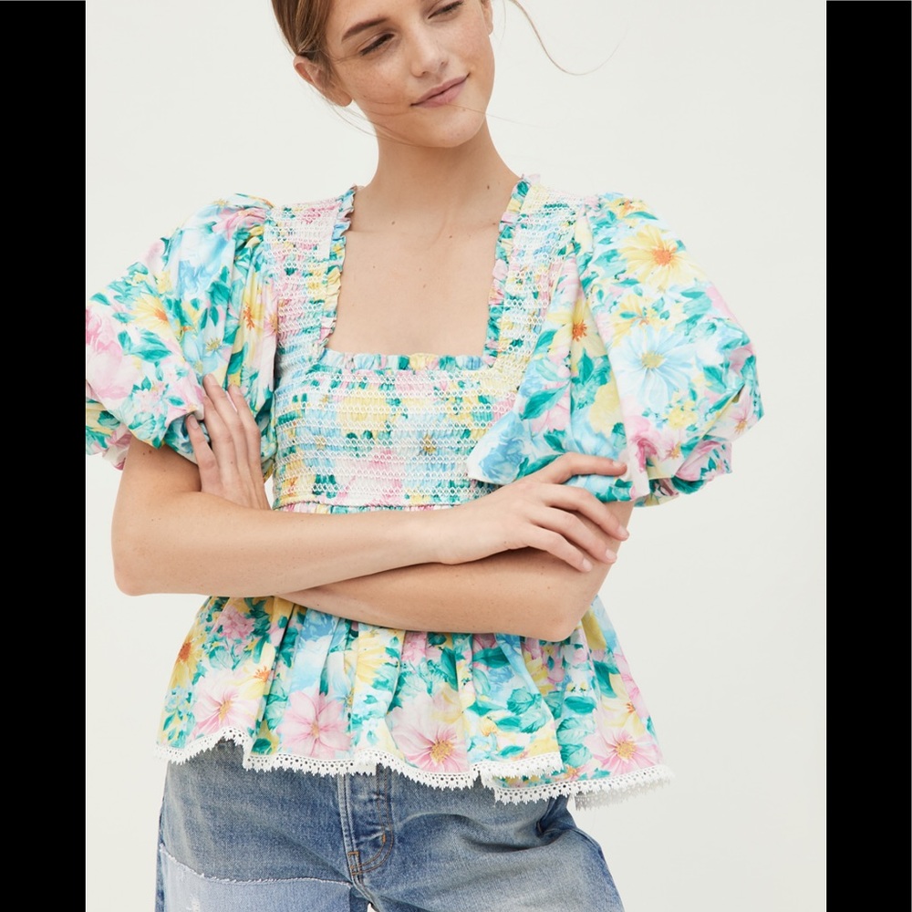 HEMANT & NANDITA Floral Puff-Sleeve Smocked Peplum Top in Aqua, Pink & Yellow